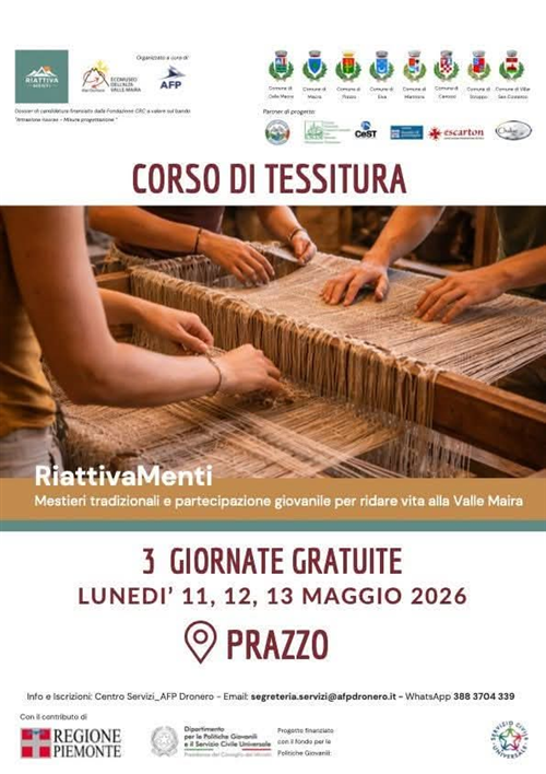 Progetto RiattivaMenti - Corso di Tessitura a Prazzo 11, 12 e 13 maggio 2026 previsto nel Progetto RiattivaMenti
