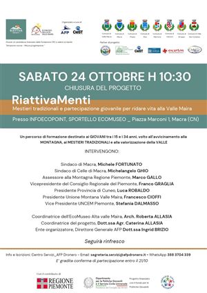 Progetto “RiattivaMenti”: a Macra presso l’InfoEcopoint l'evento finale del 24 ottobre 2026 che celebra i giovani della Valle Maira tra sostenibilità, benessere  e tradizioni